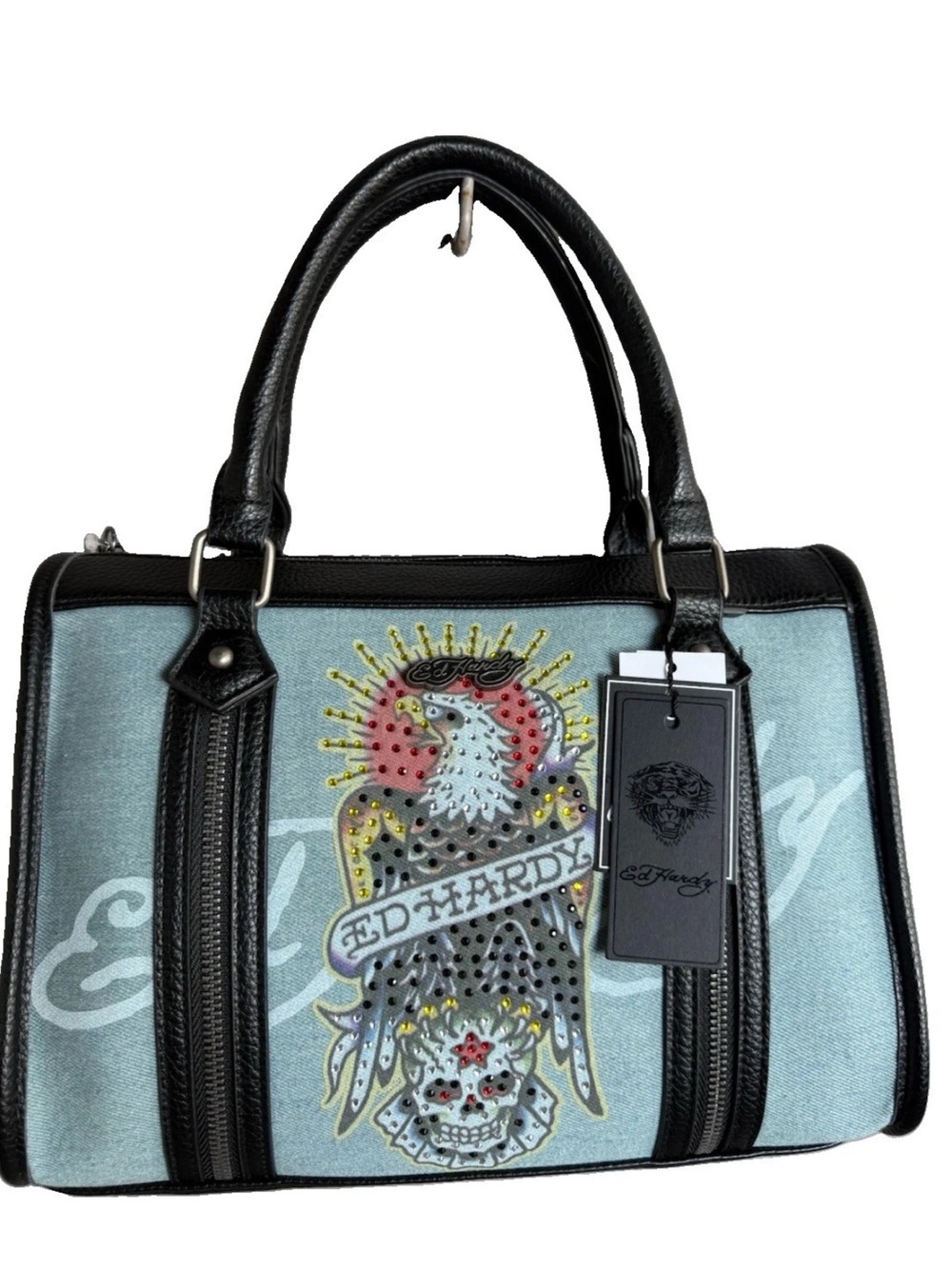 Ed Hardy Y2K Retro Denim Satchel Tattoo Eagle Skull Rhinestone Punk Rocker Bag